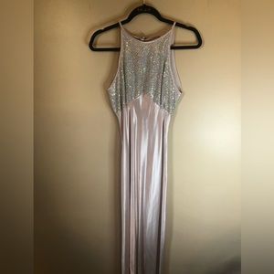 Betsy and Adams silver metallic with watery diamonds evening gown, size 9/10.